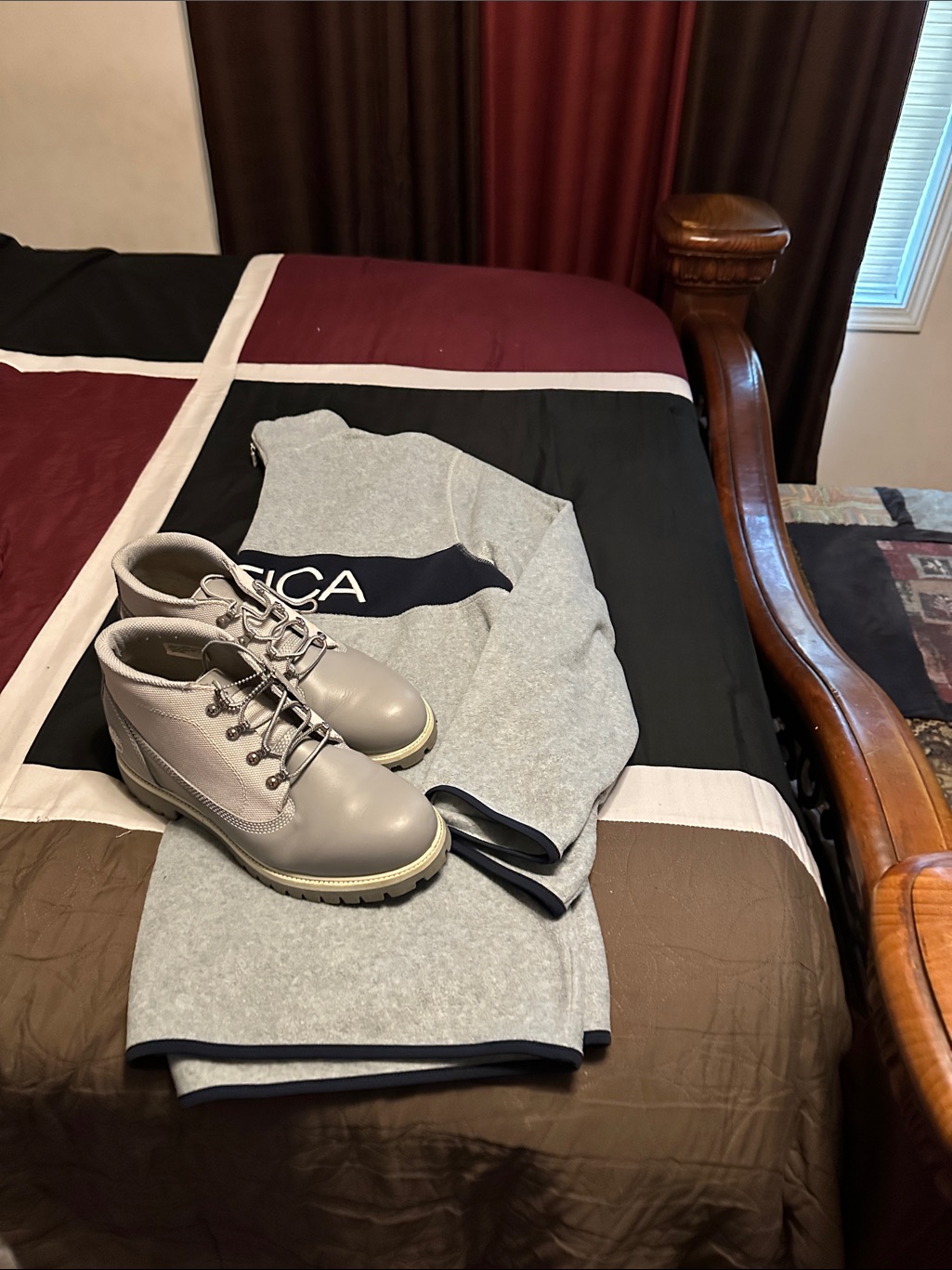 Nautica Light Gray Pullover With Navy Logo Stripe W/ Gray Timberland Boots